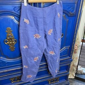 COJ Laing Linen Capris Linen Pants Womens 6 Purple Blue Turtles Embroidered